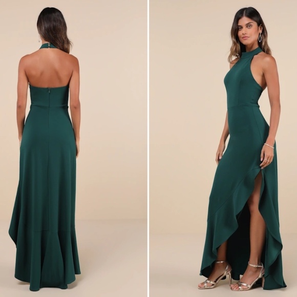 LULU's Chic Sexy Sophisticated Prom Wedding Ruffle Hem Halter Neck Trumpet Maxi - Picture 5 of 5